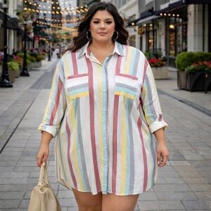 Addition Elle Oversized Striped Button Down Shirt Dress Plus Size Tunic